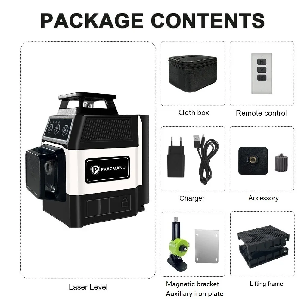 Pracmanu Mini Laser Level 12 Lines 3D level Self-Leveling 360° Horizontal and Vertical Cross Green Laser Beam Lines image 3