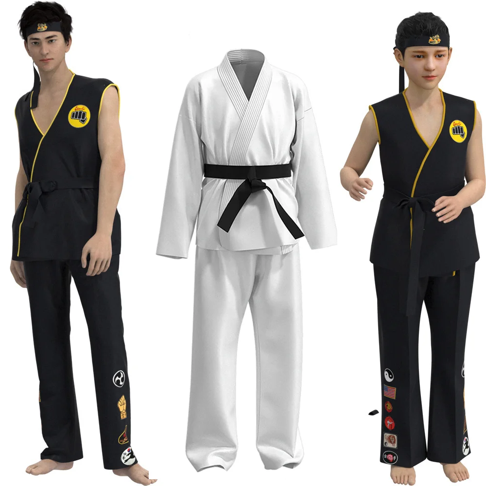 Karate Kids KOF Cobra Cosplay Costume Black/White Kimono Uniform with Headband Anime Halloween Party Tracksuit for Kids & Adults