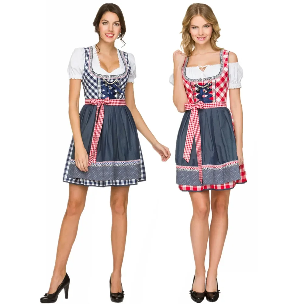 Halloween Traditional Oktoberfest Costume Women German Dirndl Bavaria Plaid Dress Beer Wench Outfit Cosplay Fancy Dress