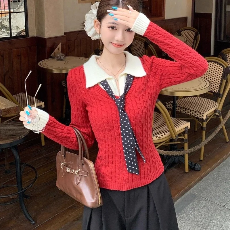 Women Red Slim-Fit Knit Sweater lady Fake Two-Piece Tie Detail Turndown Collar  top Ladies Commuter Daily Wear Long Sleeve Top