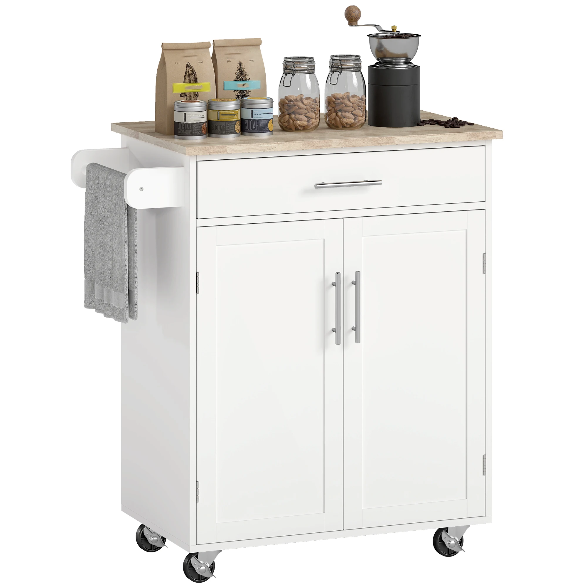 HOMCOM Kitchen Island Cart, Rolling Island Table with Solid Wood Top, Trolley Cart with Drawer, Storage Cabinet & Towel Rack, White