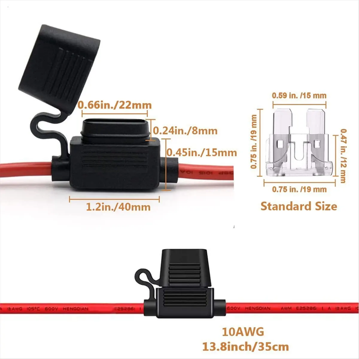 Suporte de fusível de calibre 10 A75K - Suporte de fusível em linha de 10 AWG com fusíveis de lâmina ATC de 40 AMP (pacote com 4) Suporte de fusível de retrofit automotivo