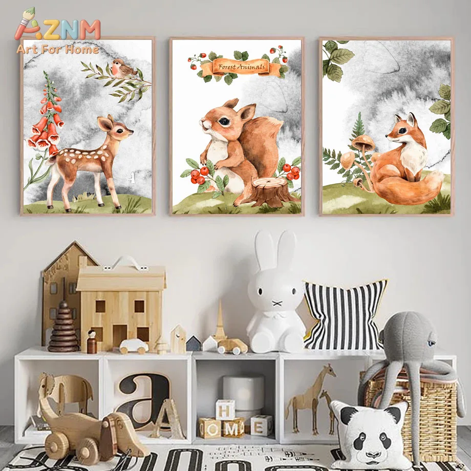 

Watercolor Forest Deer Squirrel Fox Mouse Nursery Wall Art Canvas Print Painting Poster Wall Pictures Baby Kids Room Home Decor