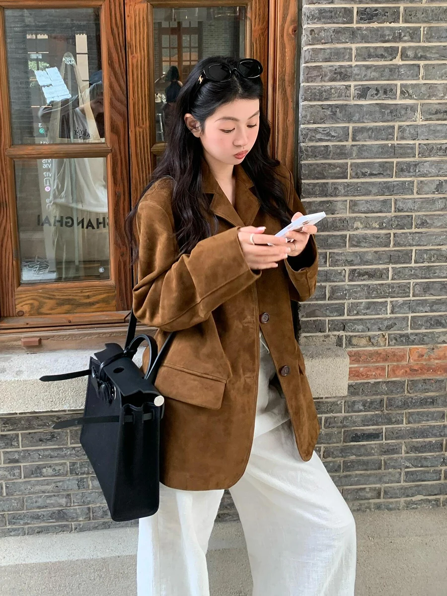 

Brown Long Sve Loose Coat with kets Fashionable Slimming Retro Women's Casual Suit E12351