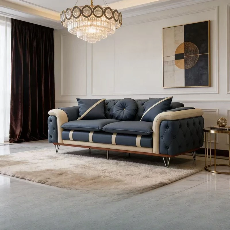 Italian light luxury buckle top leather sofa combination American postmodern high-end villa living room sofa design sense