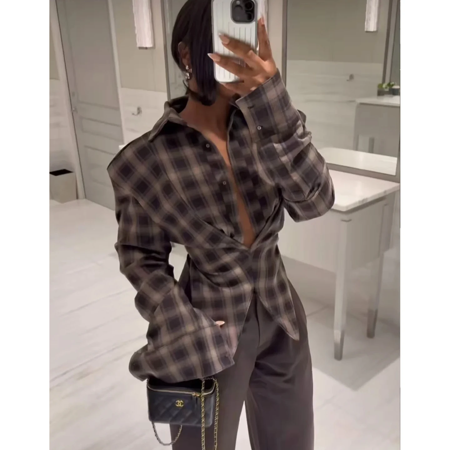 الخريف الشتاء منقوشة irt المرأة فضفاضة تناسب طويلة Sve زر حتى ort الخصر cinched أعلى الأوروبي Sle ألياف البوليستر #4