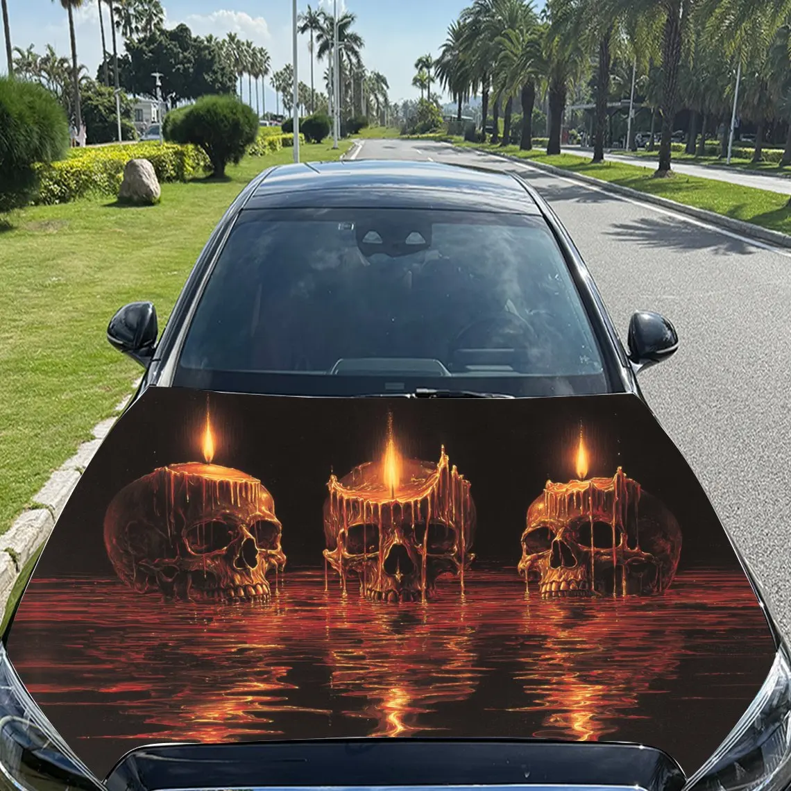 الجماجم بين الشموع غلاف فينيل السيارة، ملصق غطاء السيارة المقاوم للماء من مادة PVC، ملصقات ذاتية اللصق مقاومة للخدش لـ Eng #3
