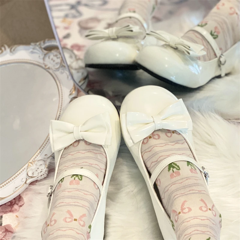Sweet Cute Bow Low Heel 1cm Flats Round Head Loli Shoes Lolitas For Kawaii Girls Harajuku Jk Uniform Shoes