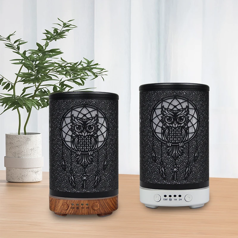 High Quality 100ml Aromatherapy Essential Oil Diffuser Metal owl Remote Control Ultrasonic Air Humidifier with 7 Colors Light