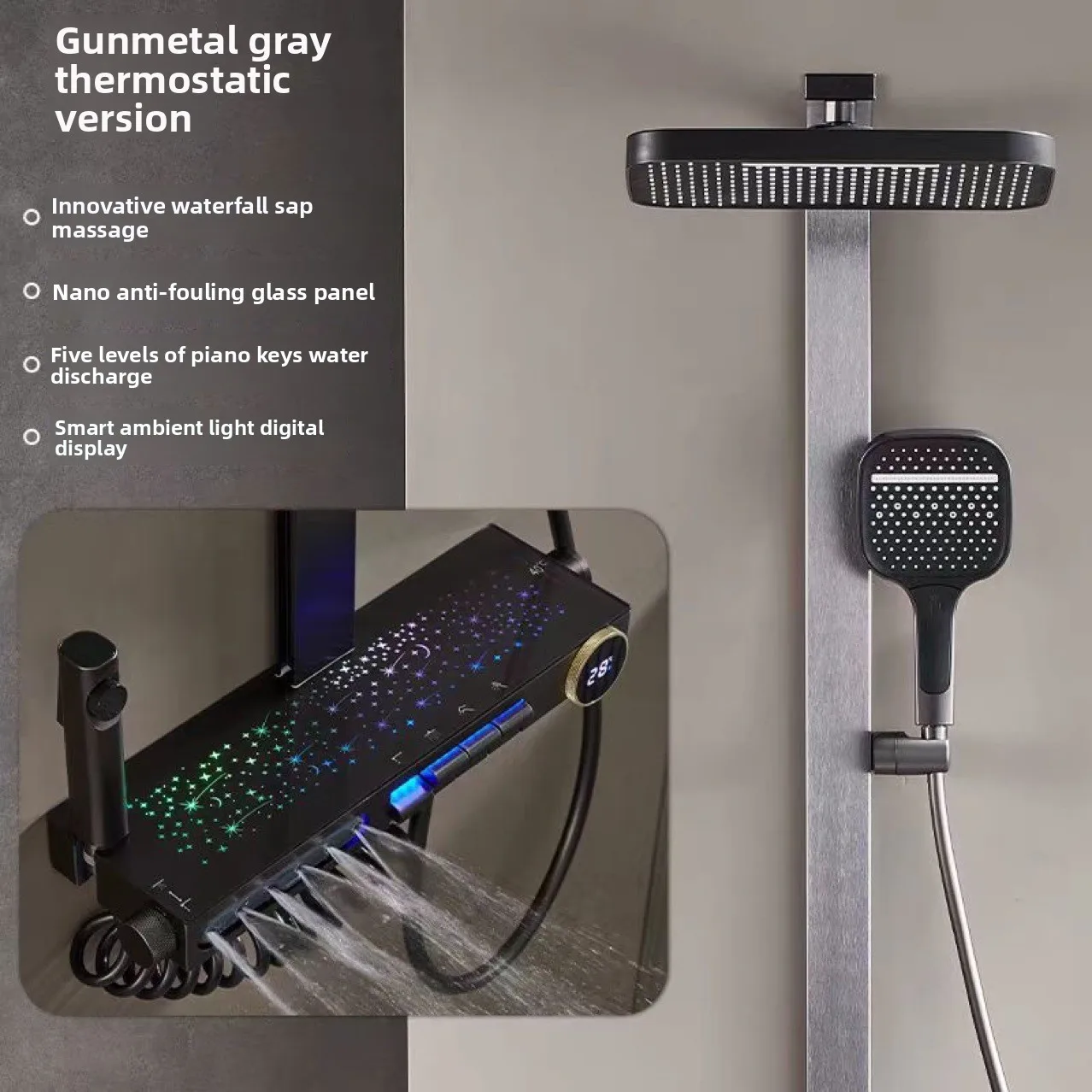 Brass Rain Shower Set with Starry Light and Thermostatic Control in Gun Grey White