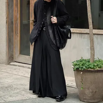 고딕 퀼로트 오버랩 Y2K 더블 레이어 다크 퀼로트 플리츠 와이드 레그 틈새 디자인 캐주얼 바지 스커트 남여 남성 의류