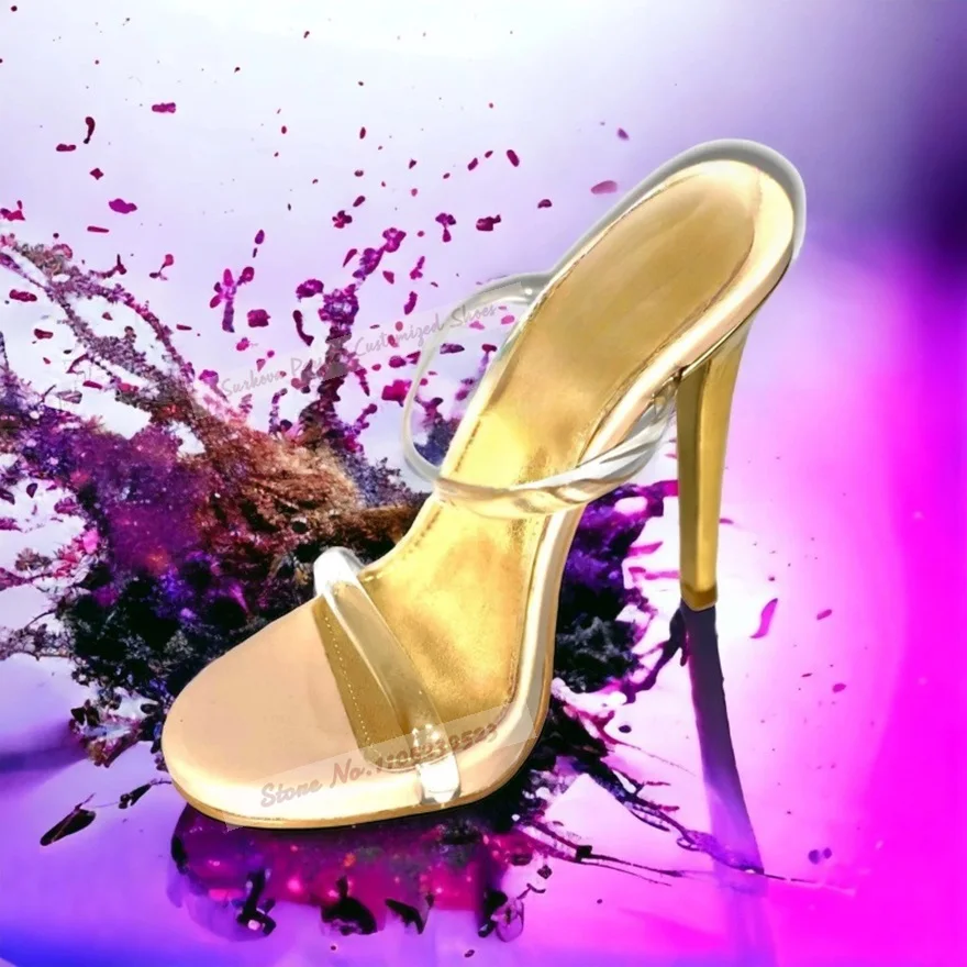 

Women Champagne Satin High Heel Mules Clear Transparet Narrow Band Pull-On Modern Slippers Outside Elegant Dress Shoes