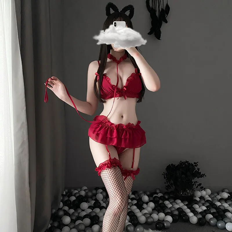 Lolita Red Chiffon Lace Sexy Lingerie Women Underwear Erotic Maid Outfit Cosplay Costumes With Leadchain Bra Panties Set