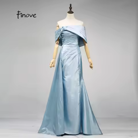 Finove Blue Evening Dress All Aged Simple Elegant Full Beading Short Sleeves Natural A Line Petty Gown For Formal Evening