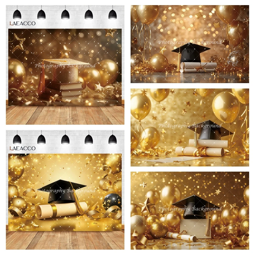 

2025 Class Graduation Photography Backdrop Black and Gold Cap Balloon Grad Congrats Party Banner Background Prom Party Supplies