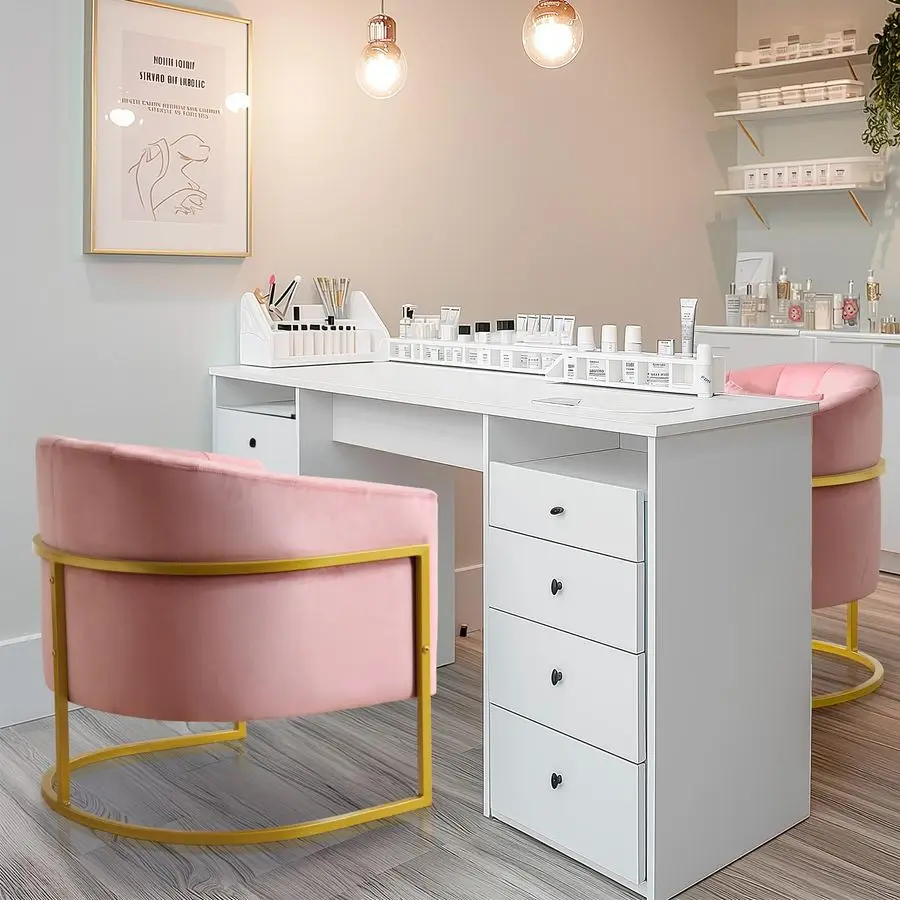 เก้าอี้ทำเล็บหุ้มกำมะหยี่ เก้าอี้แต่งหน้า โครงโลหะสีทองทันสมัย พร้อมที่วางแขนและหมอนรองนั่งเพื่อความสบาย สำหรับร้านทำเล็บ ห้องนอน ห้องนั่งเล่น