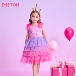 DXTON New Summer Children Dress Bow Ruffles Sleeveless Princess Layered Dress Gradient Colorful Kids Birthday Vacation Clothing