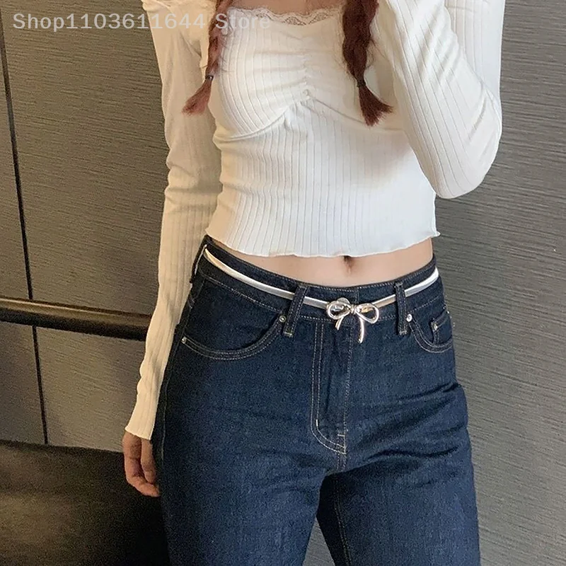 Ins المعادن القوس عقدة حزام قوة مرنة قابل للتعديل النساء Y2k خمر حزام تنورة السراويل اكسسوارات الصيف فتاة سلسلة الخصر المعدنية #5