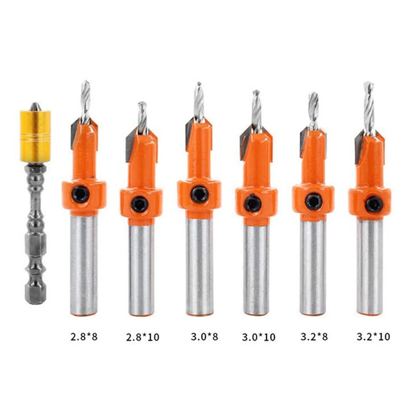 Kit de taladro cónico de avellanado, juego de abridor de carpintería, herramientas de Hardware de tornillo hexagonal, taladro avellanador, 7 piezas