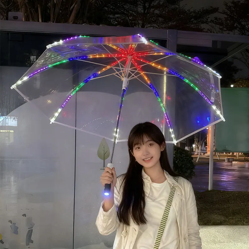 LED Light Umbrella Creative Long Handle Transparent Umbrellas Straight Handle Colorful Flashlight Umbrella Valentine's Day Gifts