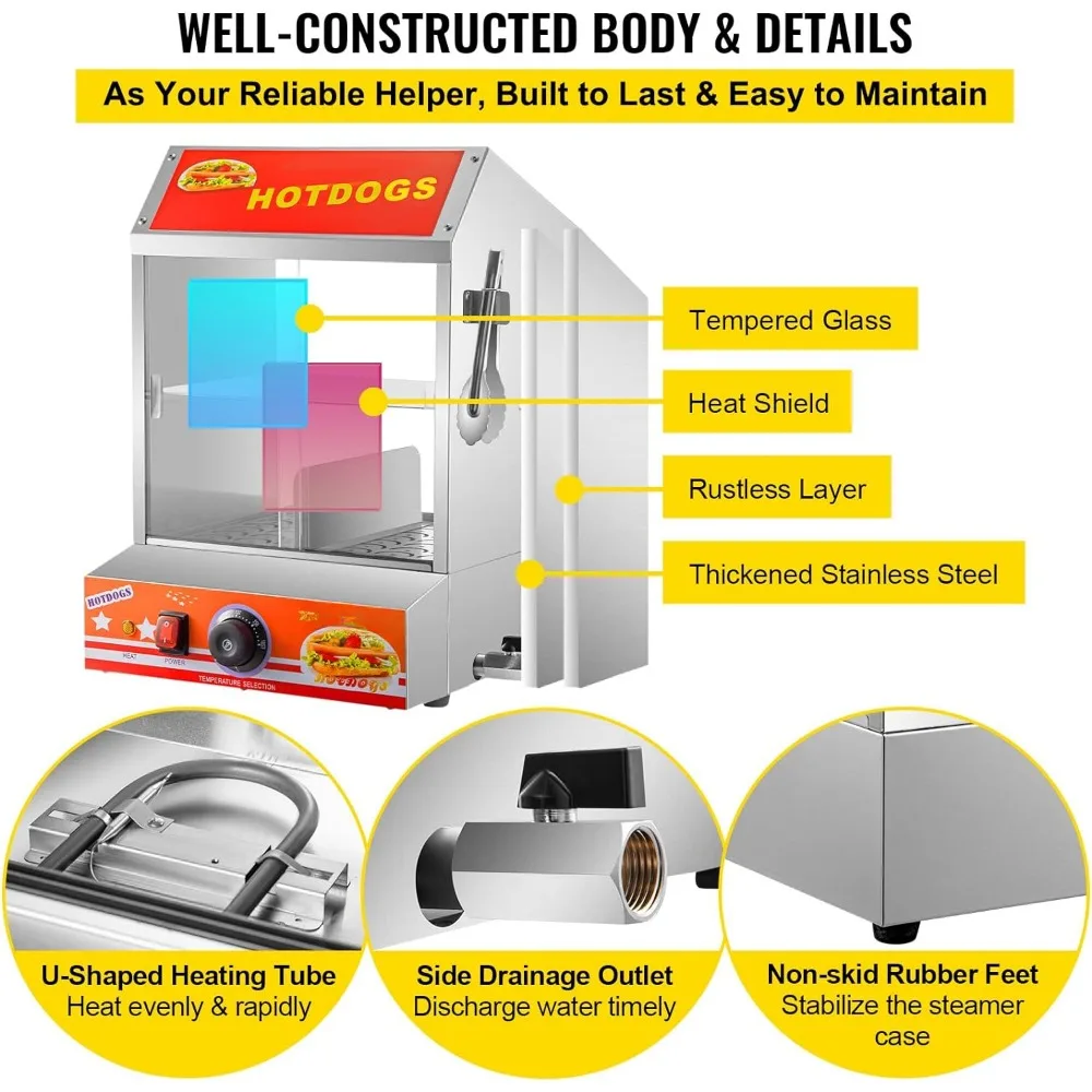 Steamer kabin 2-cerita, mampu menampung 175 hot dog dan 40 roti, dengan pintu geser tempered glass untuk hot pot