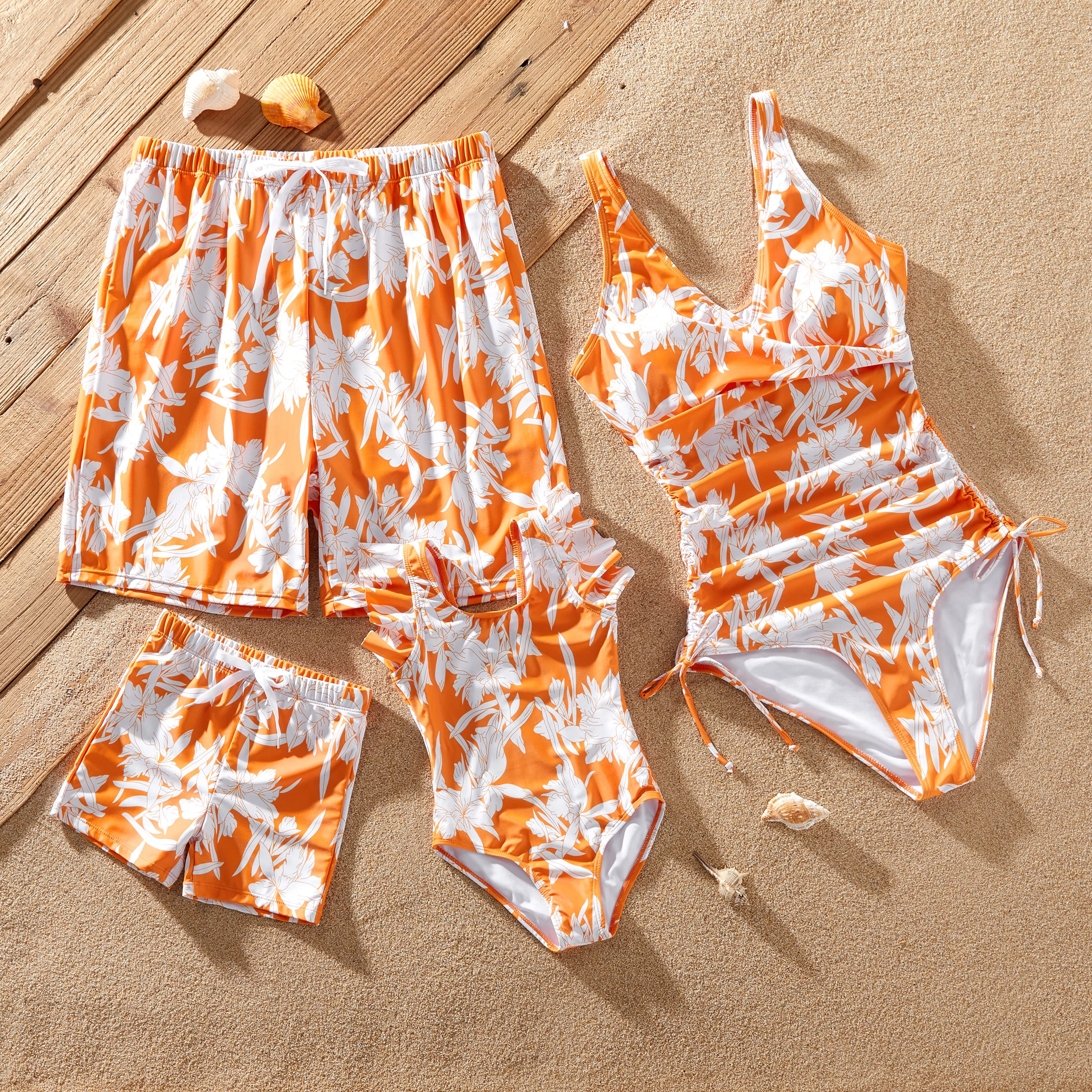 PatPat Family Matching Orange Floral Drawstring Swim Trunks or Cross Front Drawstring Sides One-Piece Swimsuit