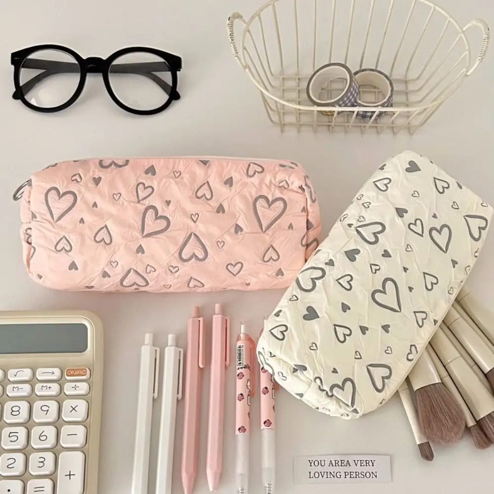 INS Love Heart Print Pattern Pen Bag Large Capacity Pencil Case Stationery Organizer Storage Bag for School Office Students Gift