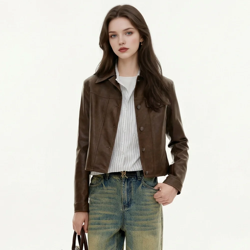 Women's Leather Jacket Brown Short Fashion Women's Genuine Sheepskin Coat 2026 Spring Real Leather Jacket Woman Luxury Designer