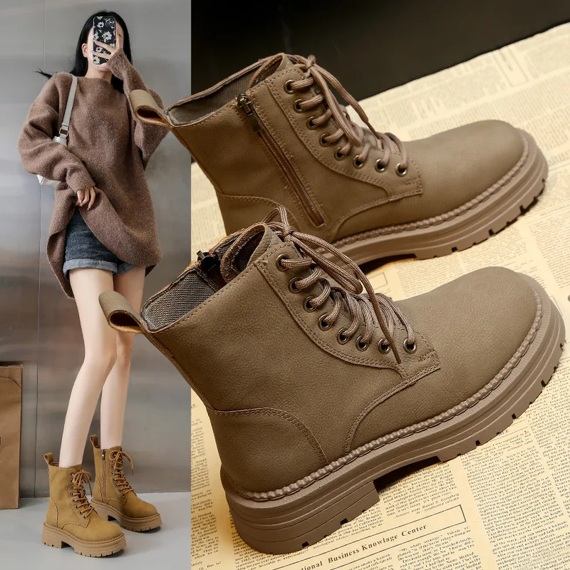 

Autumn Winter 2024 New Trend Woman‘s Round Toe Lace Up Plush Footwear Boots-Women Comfortable Fur Ankle Solid Color Ladies Boots