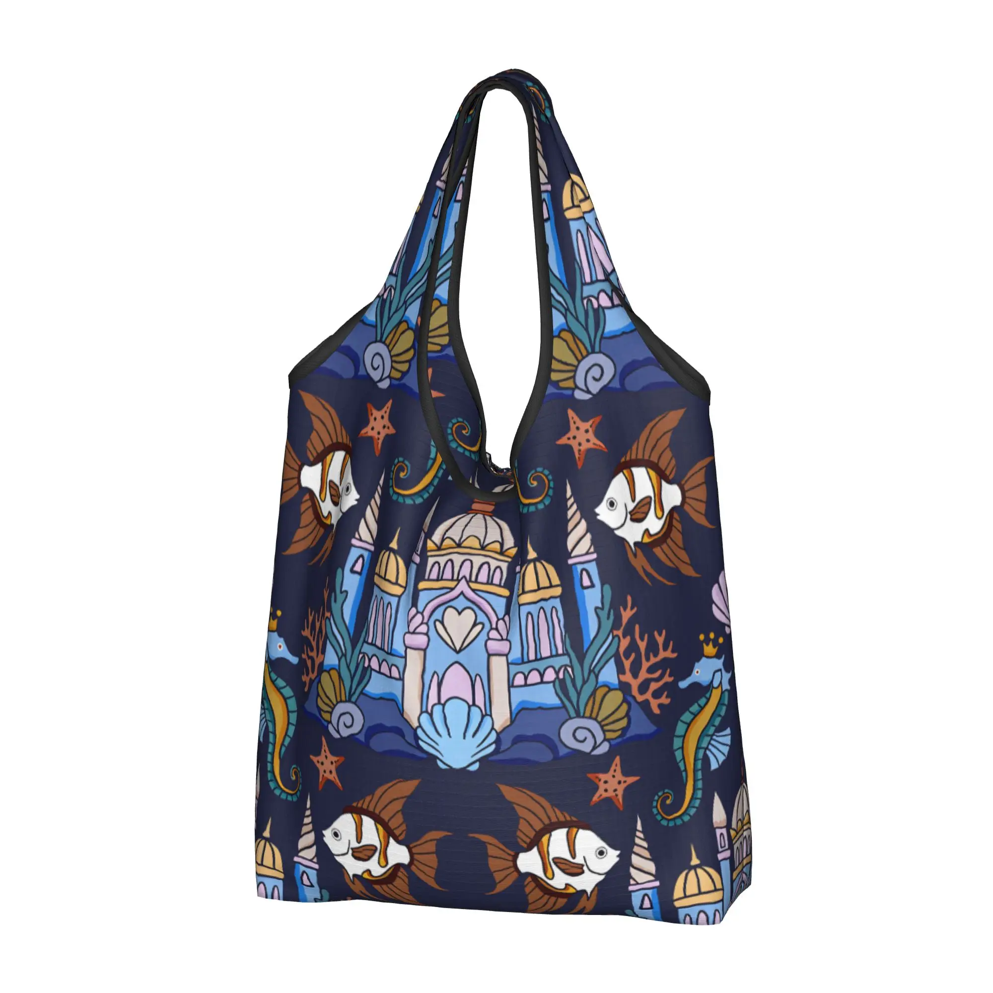 Recycling Coral Underwater Cast Starfish  Shopping Bag Tote Bag Portable Seahorses With Crowns Sea Shells Groceries Shopper Bags