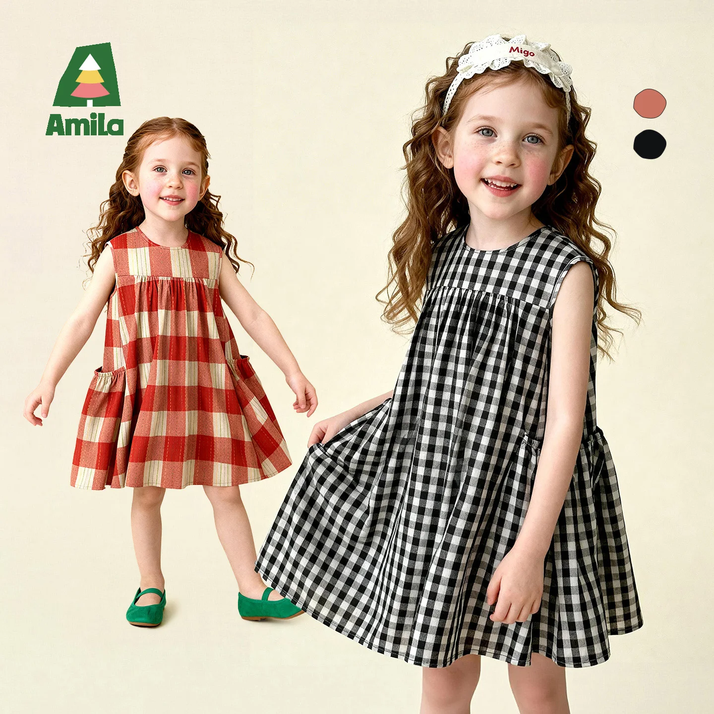 Amila 2026 Summer New Girls' Dress, Checkered Sleeveless Vest Dress, Vintage Loose Sweet Daily Forest Long Dress
