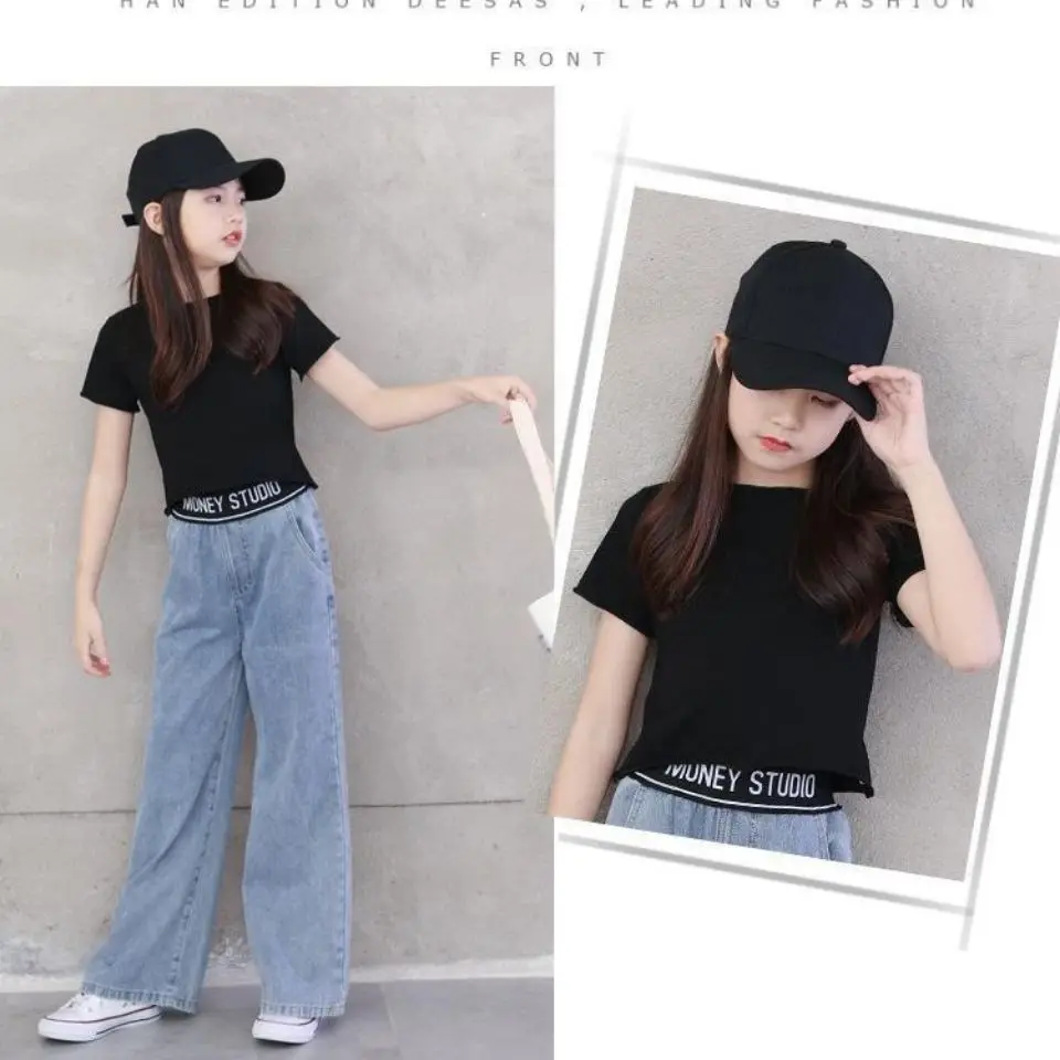 Teenage Girls Clothing Sets New Fashion Spring Streetwear Black Top+ Jeans pants With Chain for Girls 6 7 8 9 10 12 14 Year Old