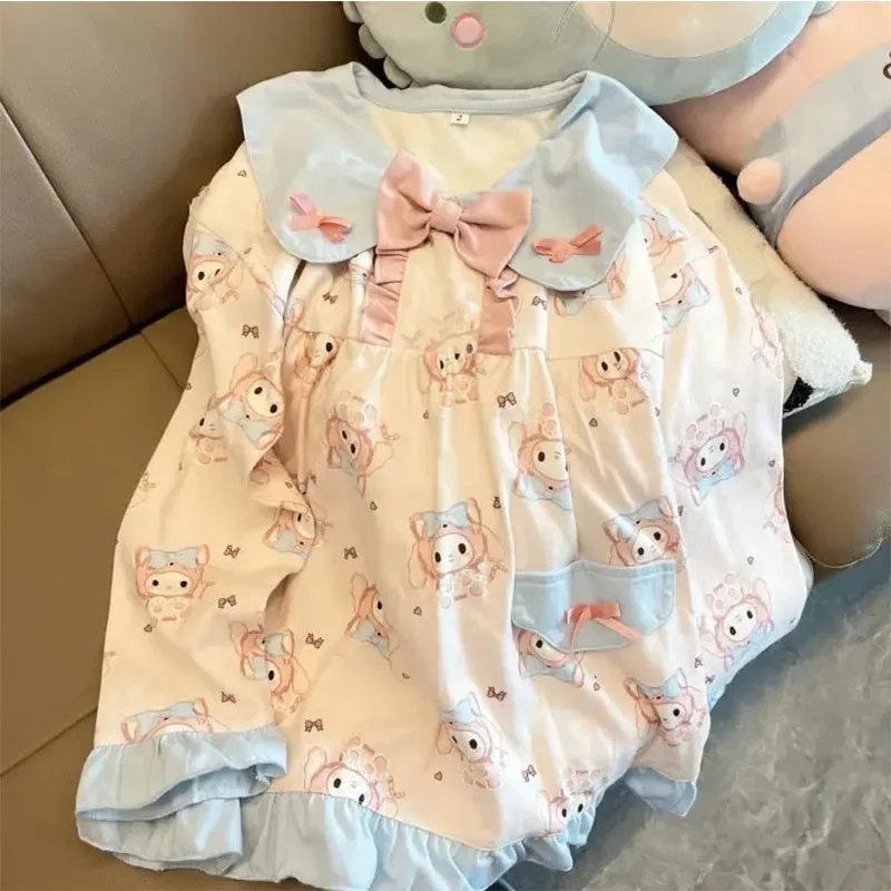 Kawaii Cute Sanrio Mymelody Pajamas Household Clothes Suit Cotton Bowknot Falbala Ins Cute Girl Christmas Gift For Girlfriend