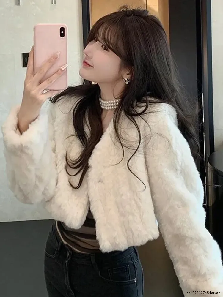 

Women Short Faux Lamb Fur Jacket V-neck Furry White Fluffy Outwear Women Cardigan Jacket
