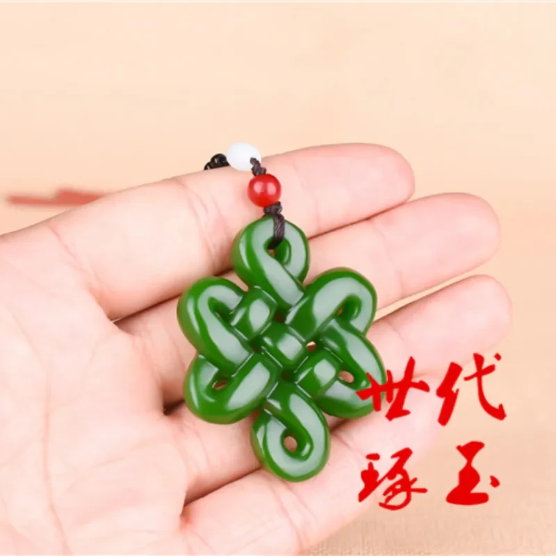 Naturalna zieleń biały Jade chiński węzeł wisiorek naszyjnik z koralików urok biżuteria dwustronne Hollow rzeźbione Amulet prezenty dla niej — zdjęcie 5