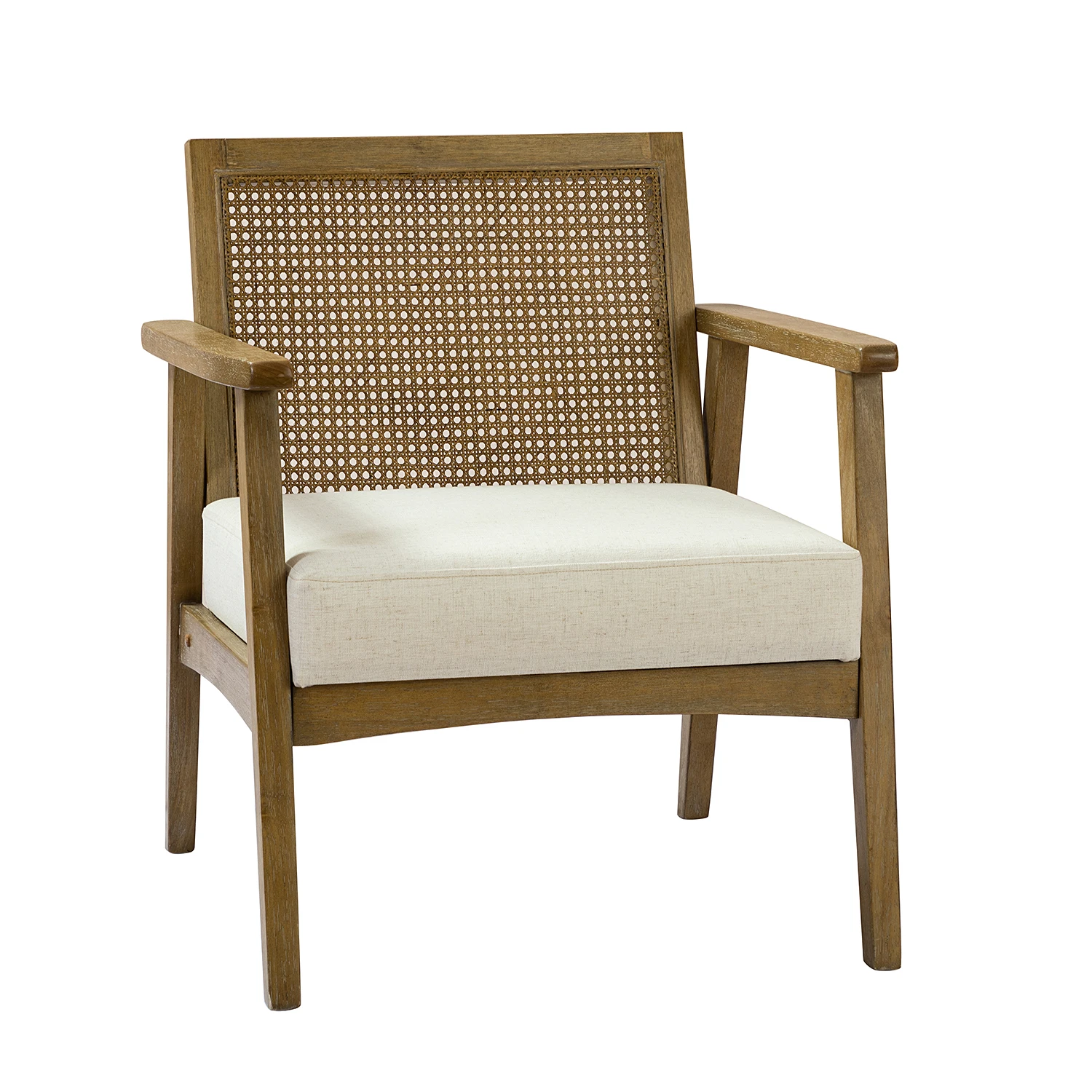 Mid Century Modern Accent Chair Upholstered Lounge Armchair with Mesh Back Retro Wooden Rattan Chair for Living Bedroom Office