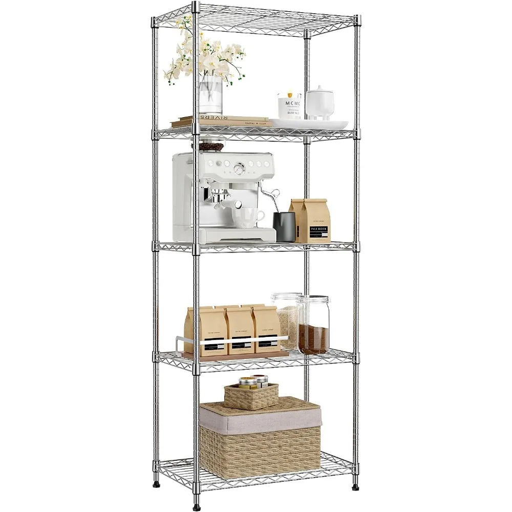 

Регулируемый хромированный металлический стеллаж для хранения с 5 полками для кухни, ванной комнаты, кладовой, офиса и организации гаража