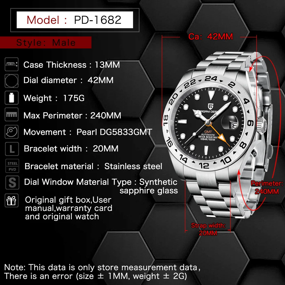 PAGANI DESIGN 2023 GMT Top Men\'s Watch Stainless Steel Automatic Mechanical Wristwatch Luxury Military Waterproof Clock