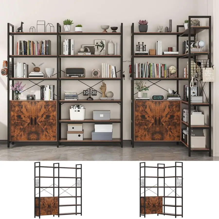 6tire Farmhouse Corner Book Shelf with 2 Barn Doors and 10 Storage Shelves, 71.3 Tall Convertible Etagere Bookcase with Storage