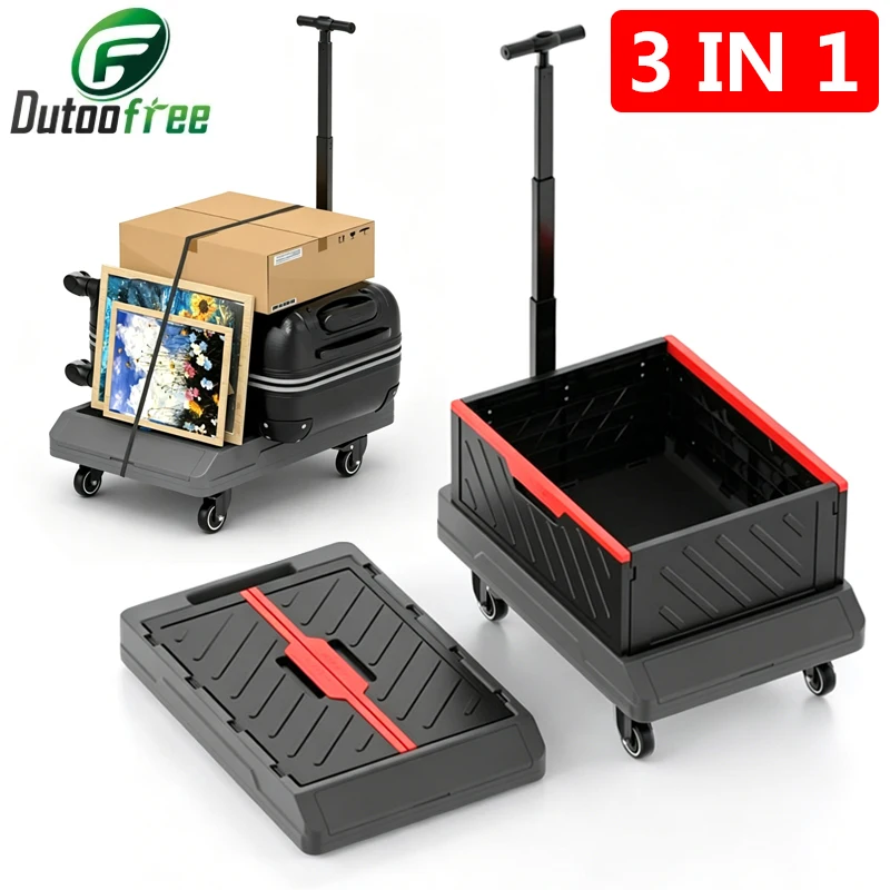 4 Wheels Home Folding Handcart Portable Telescopic Hand Cart Shopping Tablet Pull Rod  Small Trailer Cargo Handling Vehicle