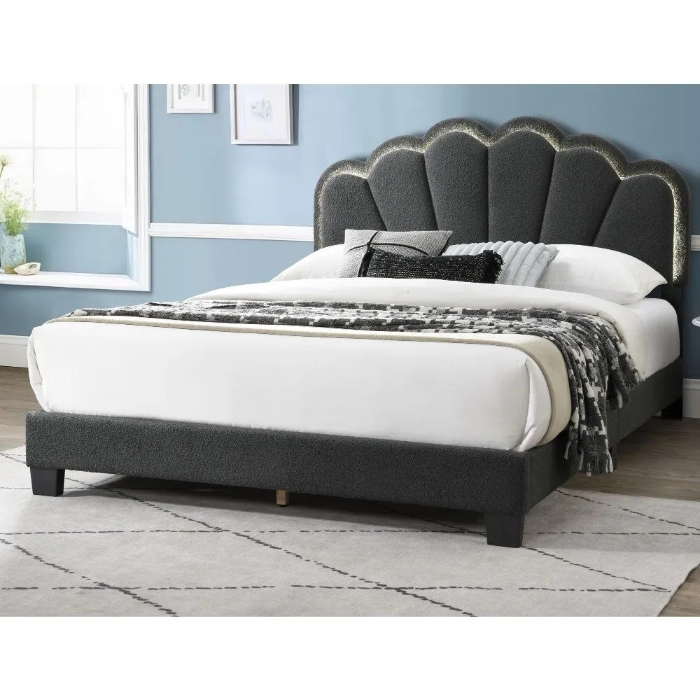 

Queen Size Bed Charcoal Wool Fabric Floral Design Headboard W LED Fully Upholstered Platform Bedframe, Queen Bed Frame