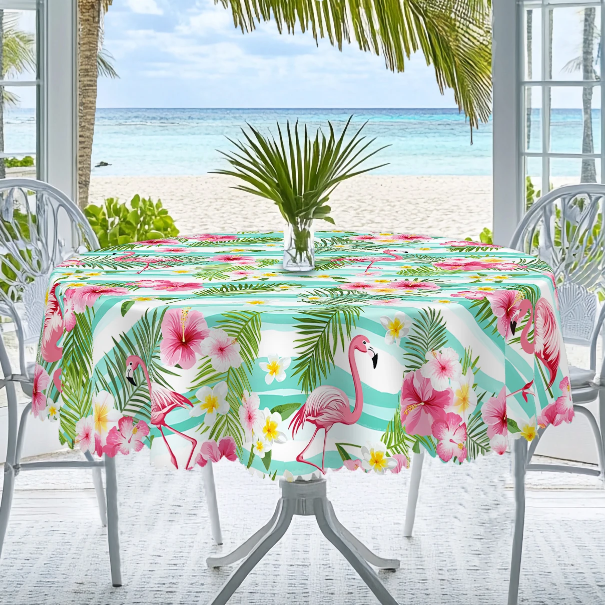 1 Piece Summer Beach Theme Round and Rectangular Tablecloth, Available in Various Sizes, Pink Flamingo Pattern Printing Design, Spring, Suitable for Home Kitchen, Indoor and Outdoor Use, Seaside Party Decoration Tablecloth