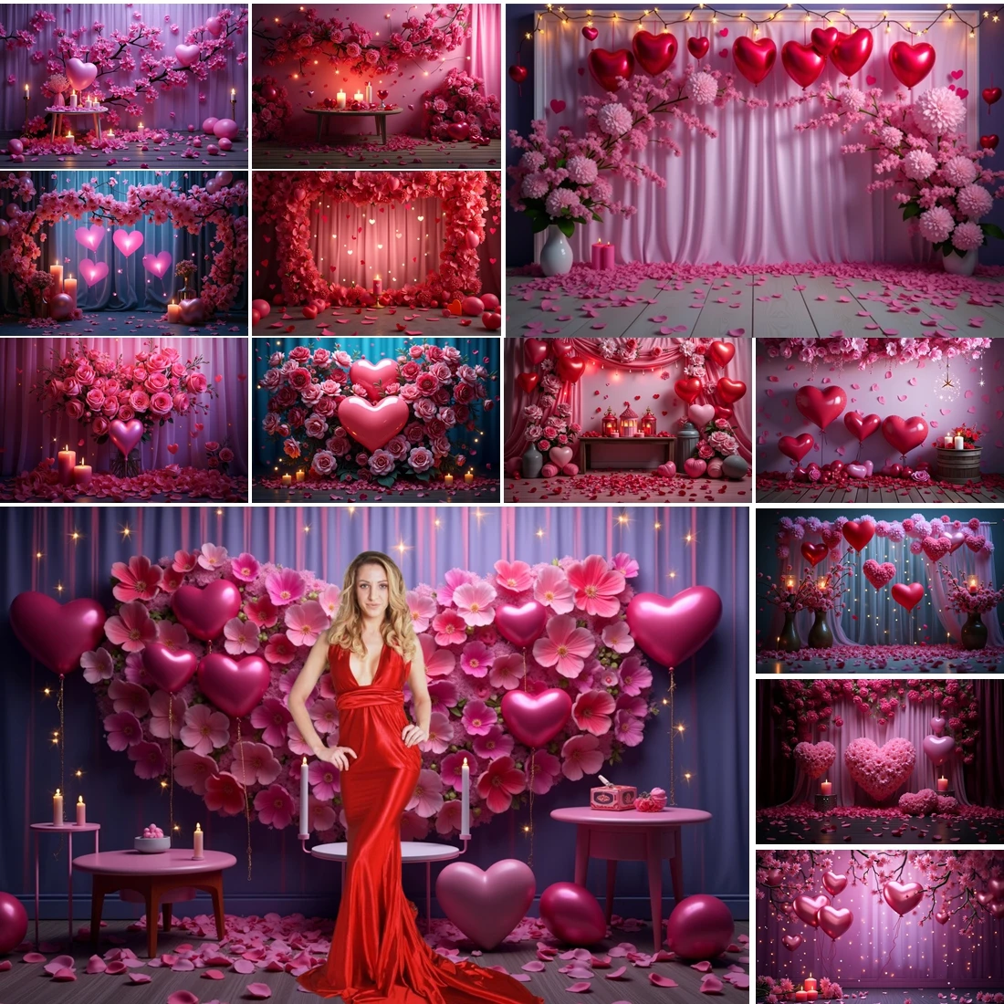 

MOON.QG Romantic Valentine's Day Backgrounds For Photographs Pink Floral Heart Light Backdrop Decoration Wallpaper Couple Poster