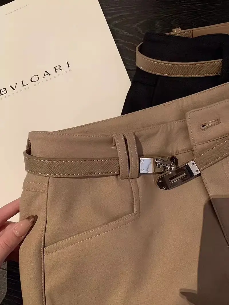 Pantalones cortos casuales de color caqui para mujer, pantalones cortos elásticos ajustados de cintura alta