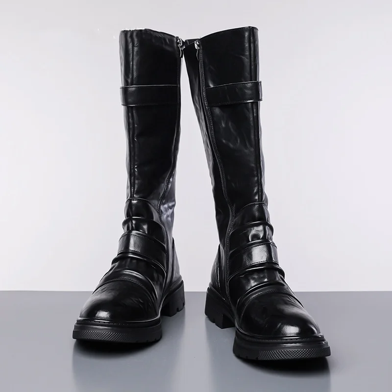 large size men fashion stage cosplay high motorcycle boots black stylish genuine leather shoes cowboy long platform knight botas