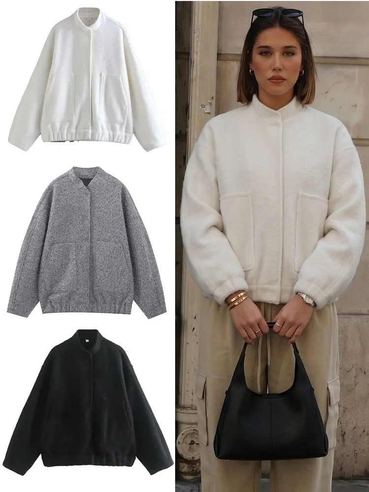 

HH Elegant Womens Loose Jacket Stand Collar Pockets Outerwear Weekend Casual Vacation Autumn Winter Single Breasted Solid Coats