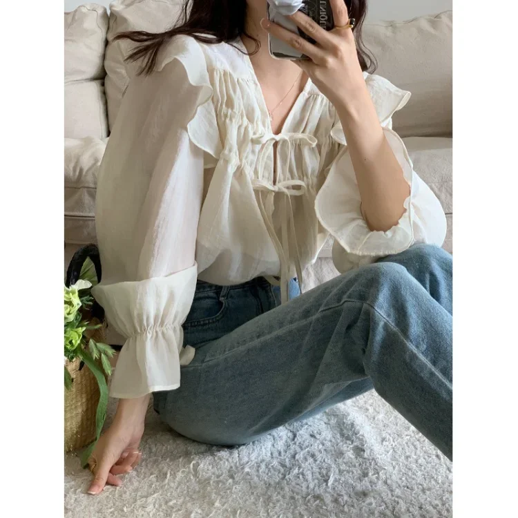 Korobov Vintage Sweet Temperament Shirt Ruffled Edge Lace-up Design Flared Sleeve Blouses Romantic Top Fashion Camisas Y Blusas