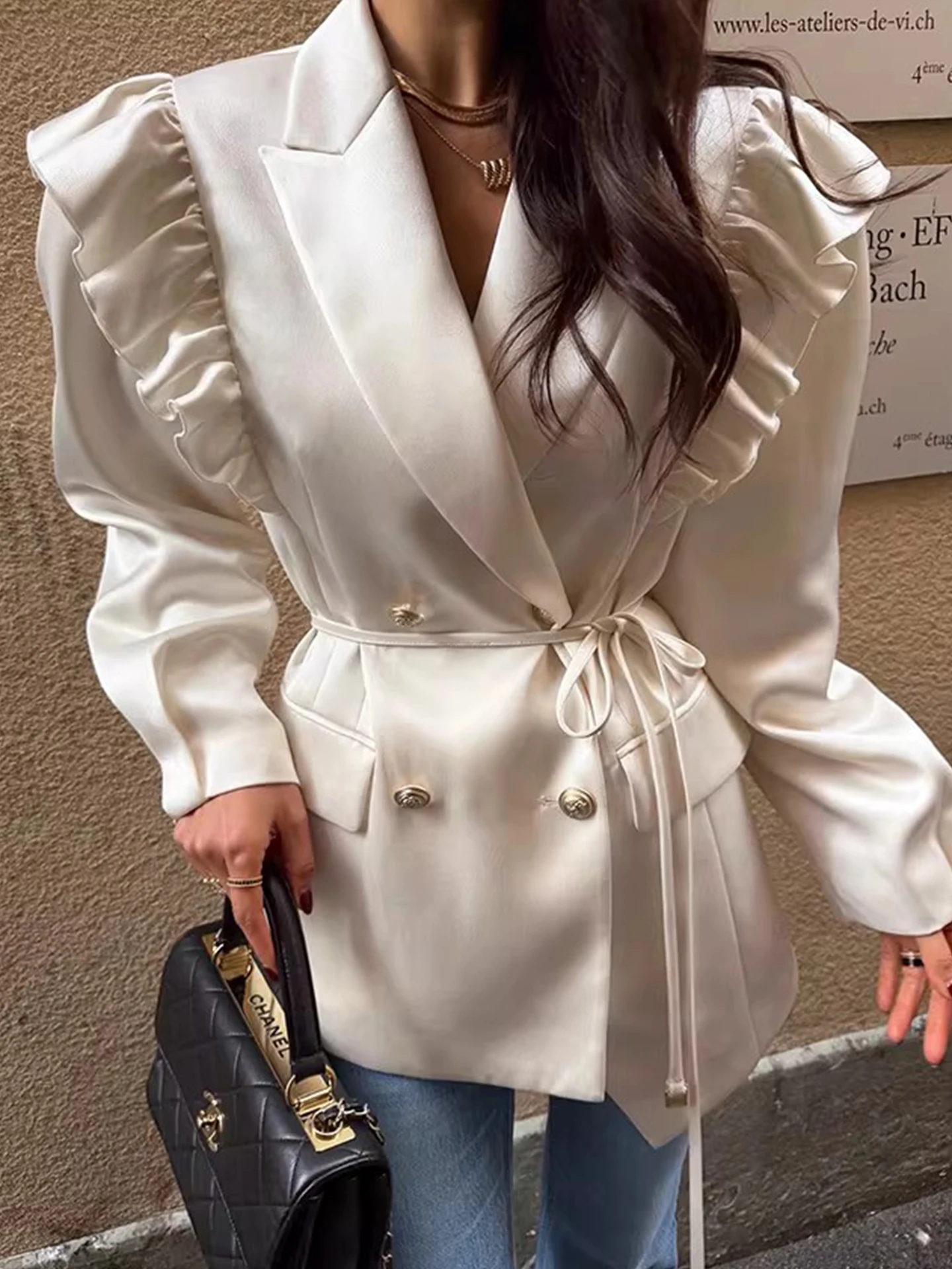 

Liangliang Home High-End Wood ain Tie Uneven Coat Women's Mid-Length Suit Spring New Sle Commute Sle Loose Fit