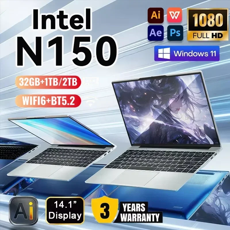 Intel N150 14.1" Laptop Windows 11 16GB RAM 1/2TB  Laptops Office School Study Notebook Computer PC