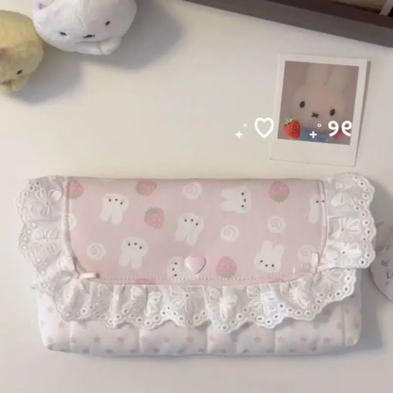 Cartoon Strawberry Miffy Rabbit Pen Bag Kawaii Pink Flip Up Pencil Case Creative Peripheral Stationery Storage Bag Friends Gift